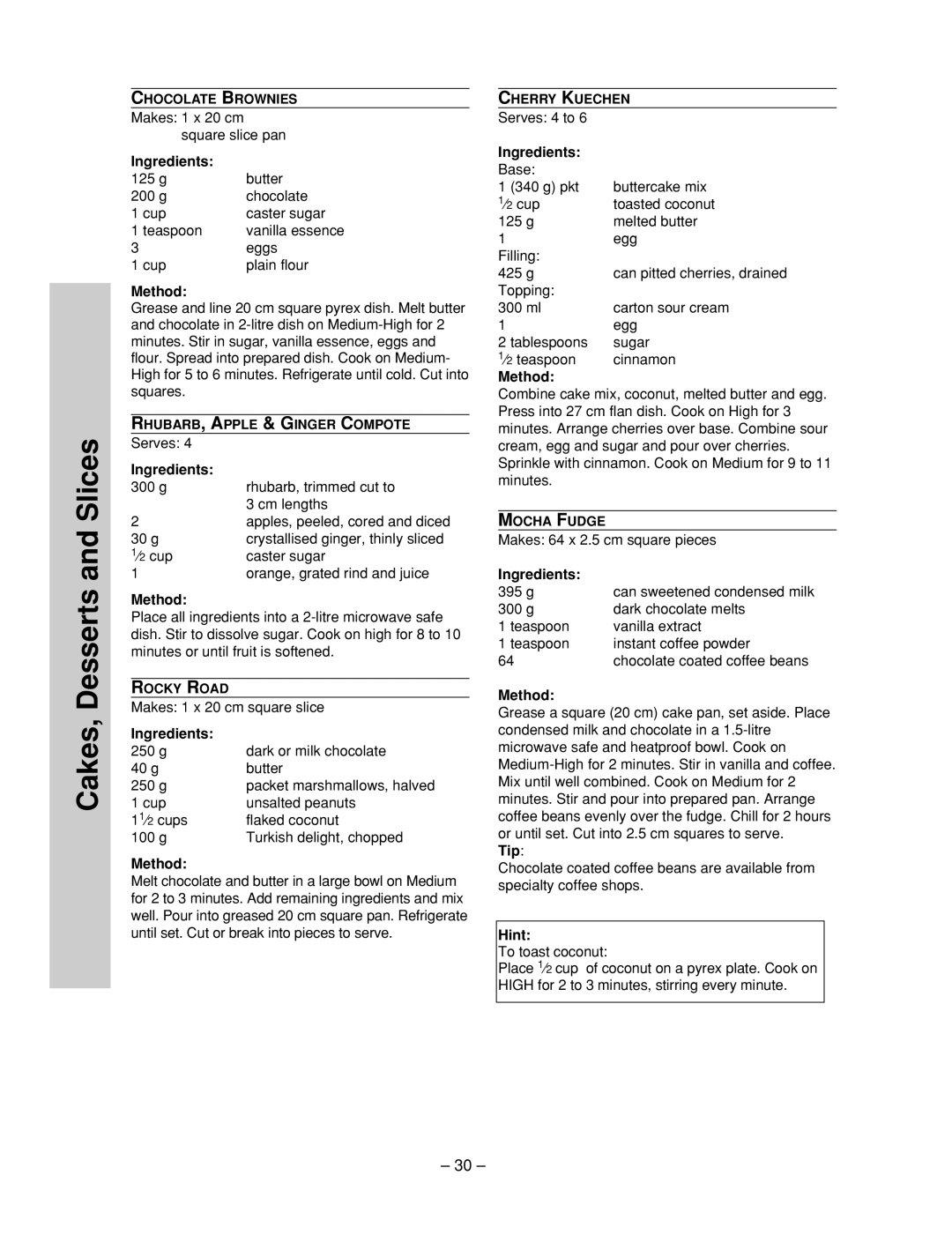 Panasonic NN-ST557W, NN-ST557M manual Cakes, Desserts and Slices, Hint 
