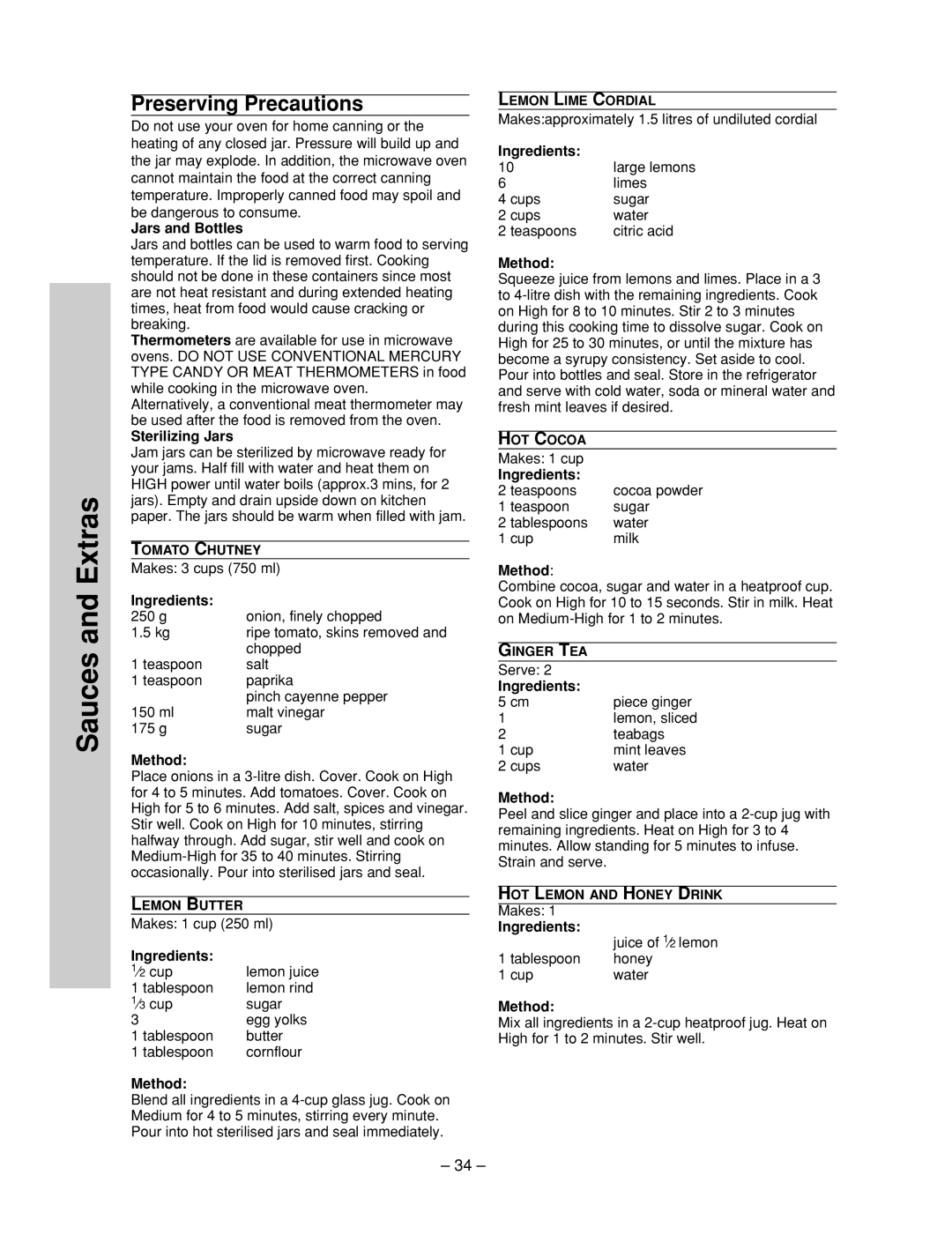 Panasonic NN-ST557W, NN-ST557M manual Sauces and Extras, Jars and Bottles, Sterilizing Jars 