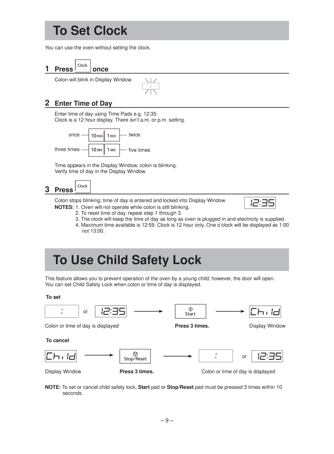 Panasonic NN-ST641W manual To Set Clock, To Use Child Safety Lock, Press once, Enter Time of Day 