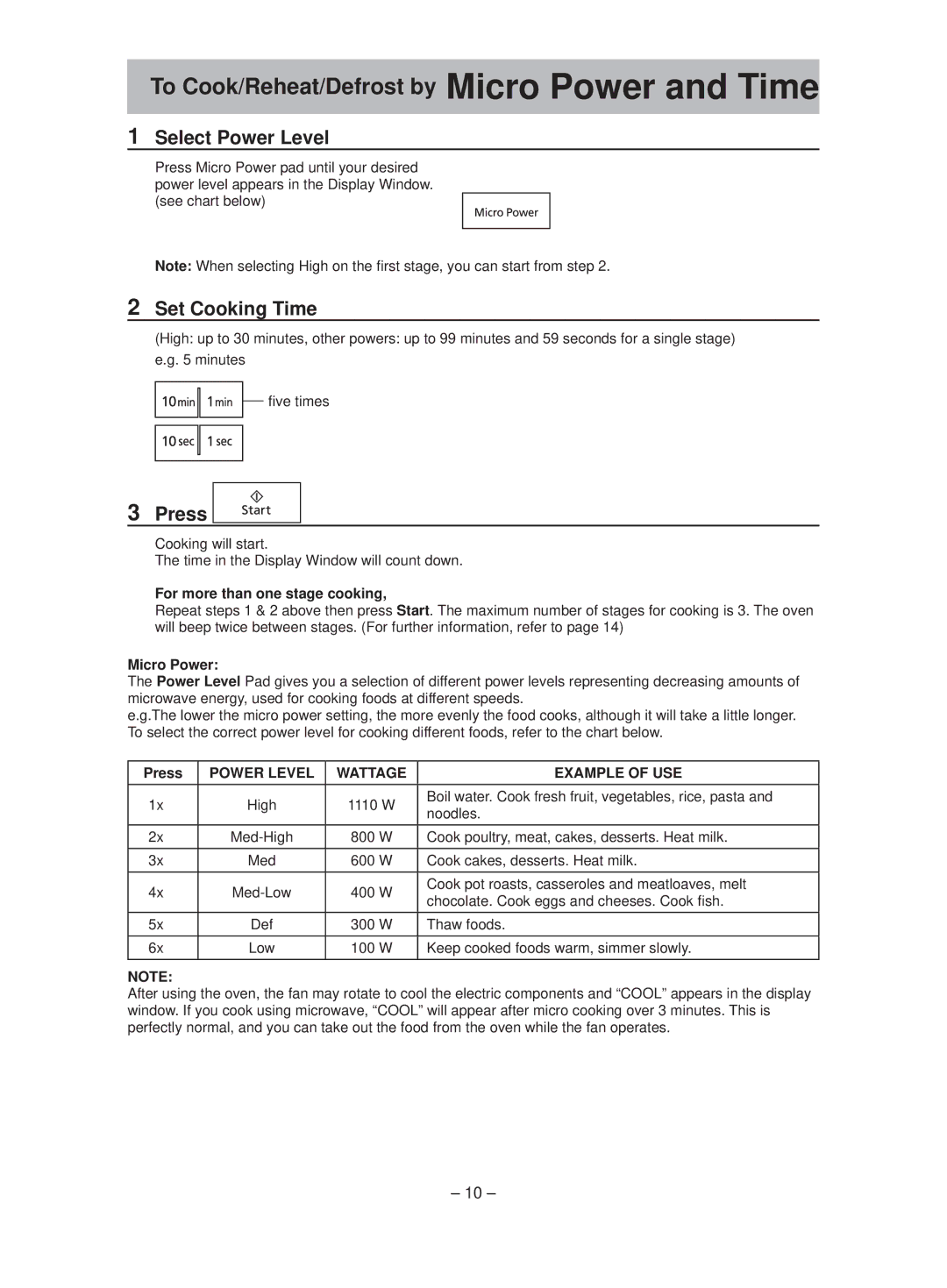 Panasonic NN-ST641W manual Set Cooking Time, For more than one stage cooking, Micro Power, Press 