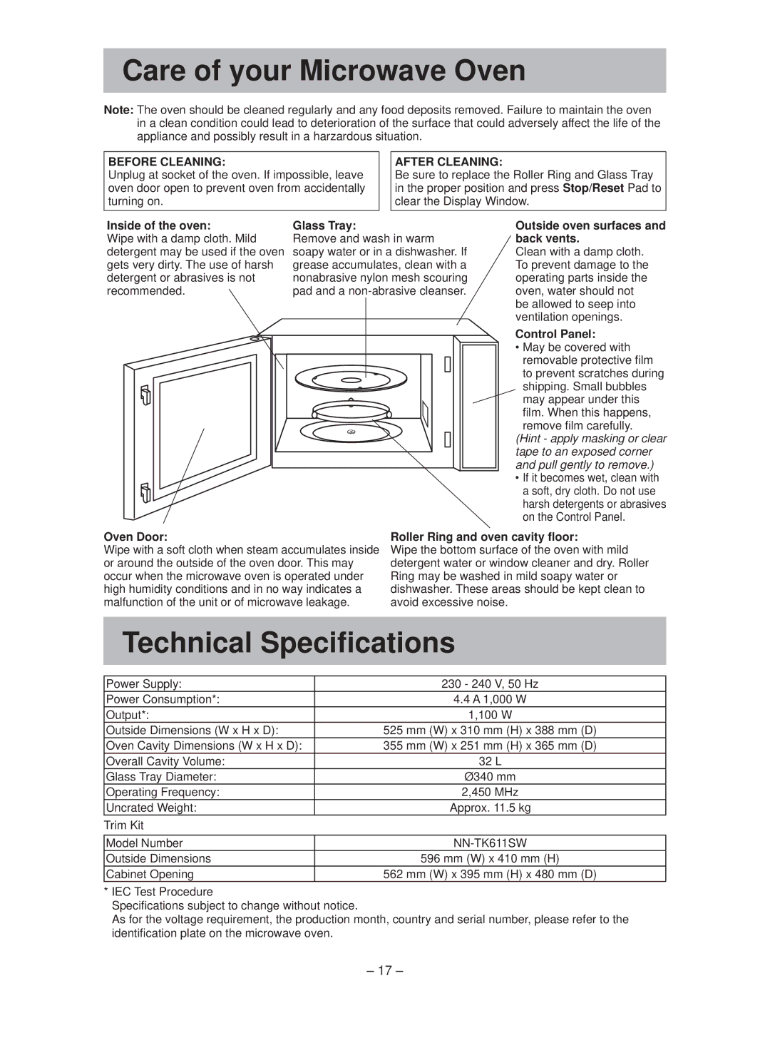 Panasonic NN-ST641W manual Care of your Microwave Oven, Technical Speciﬁcations, Before Cleaning, After Cleaning 