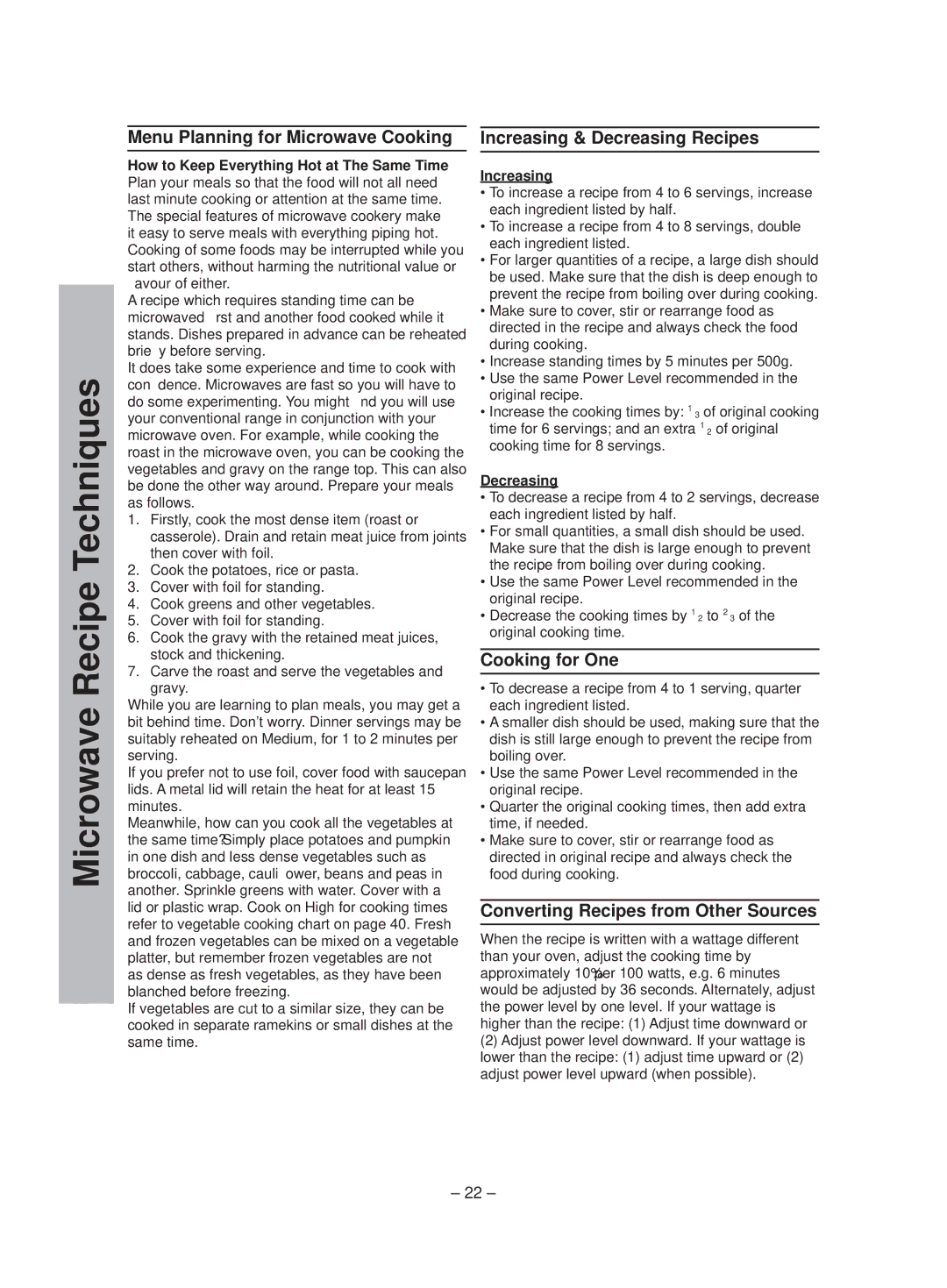 Panasonic NN-ST641W manual Menu Planning for Microwave Cooking, Increasing & Decreasing Recipes, Cooking for One 