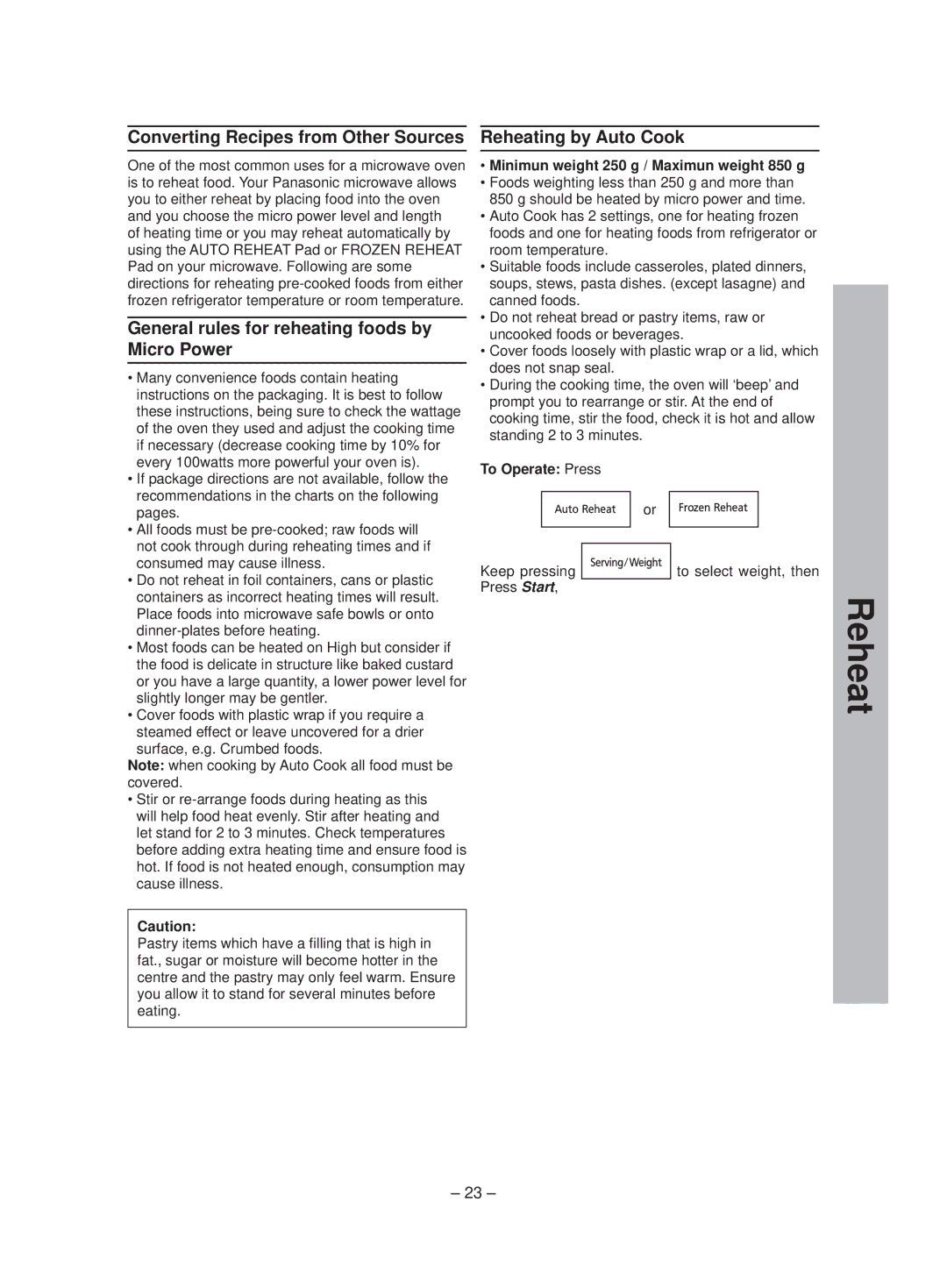 Panasonic NN-ST641W manual General rules for reheating foods by Micro Power, Reheating by Auto Cook, To Operate Press 