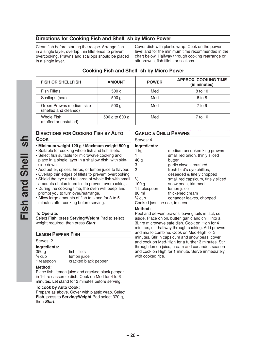 Panasonic NN-ST641W manual Directions for Cooking Fish and Shellﬁsh by Micro Power 