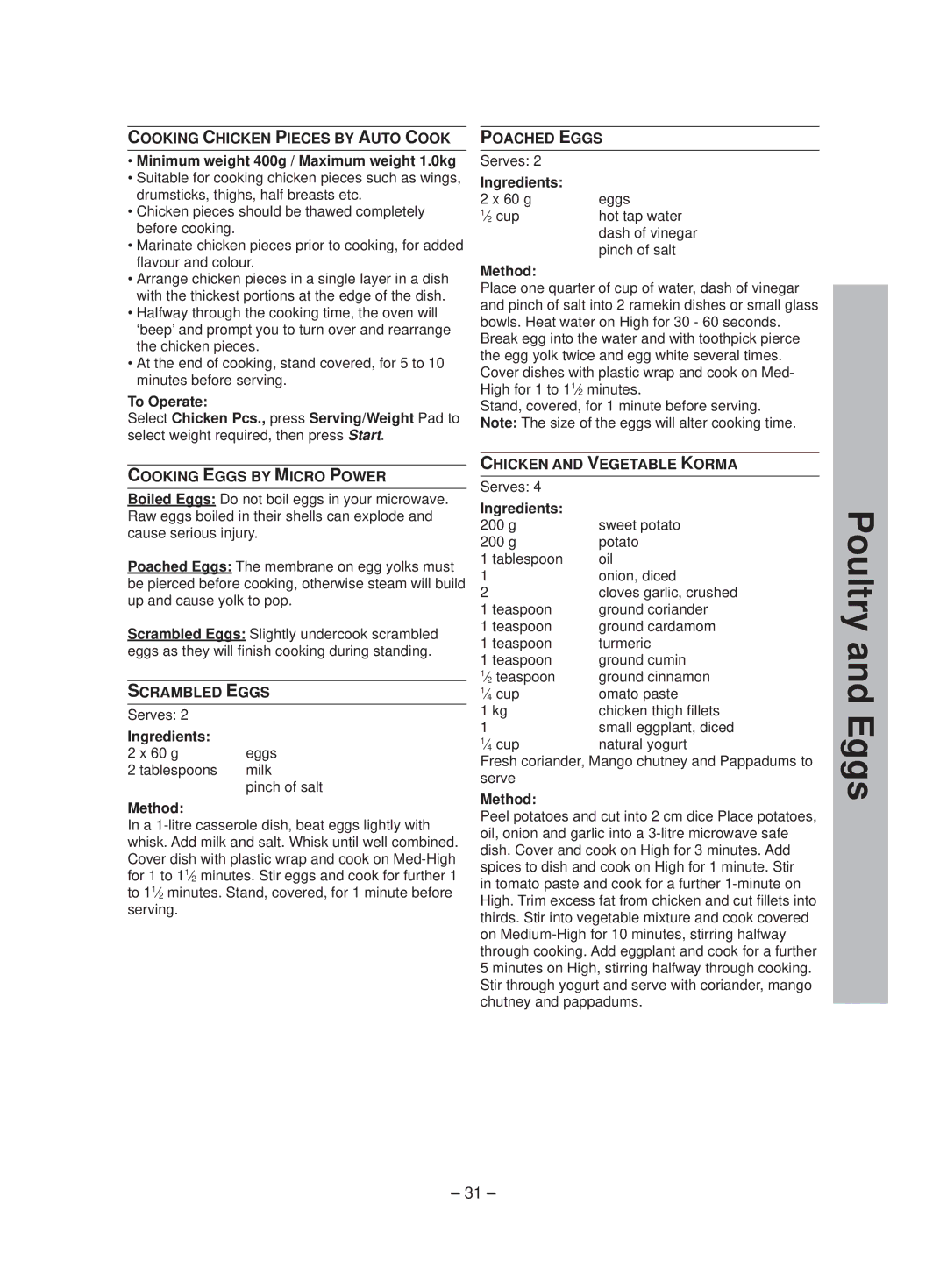 Panasonic NN-ST641W manual Poultry and Eggs 