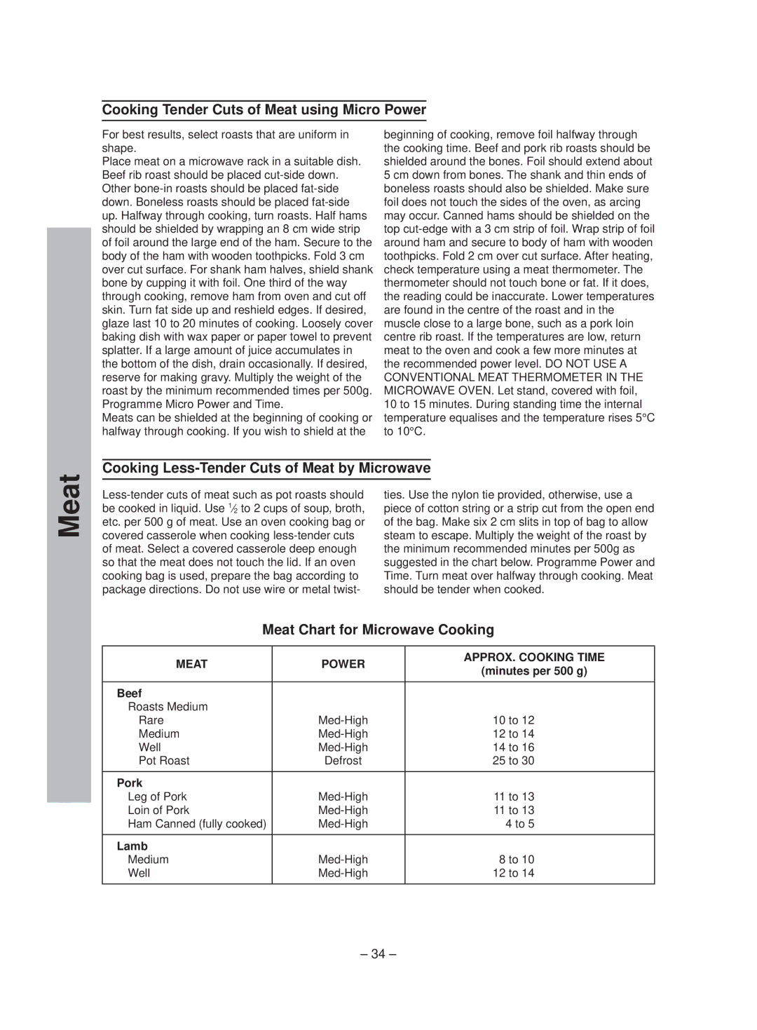 Panasonic NN-ST641W manual Cooking Tender Cuts of Meat using Micro Power, Cooking Less-Tender Cuts of Meat by Microwave 
