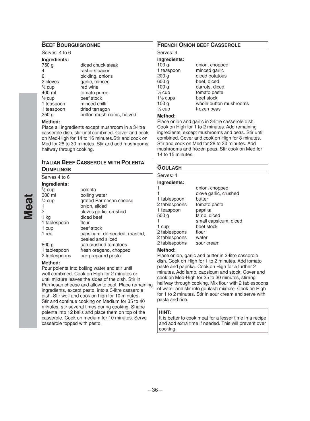 Panasonic NN-ST641W manual Beef Bourguignonne, Italian Beef Casserole with Polenta Dumplings, French Onion Beef Casserole 