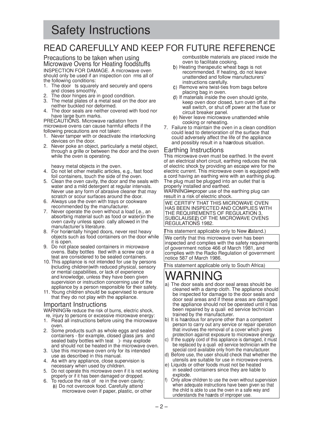 Panasonic NN-ST641W manual Safety Instructions, Important Instructions, Earthing Instructions 