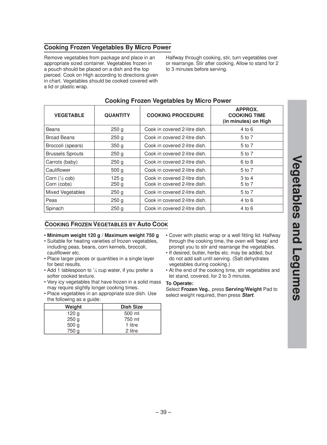 Panasonic NN-ST641W manual Legumes, Cooking Frozen Vegetables By Micro Power 