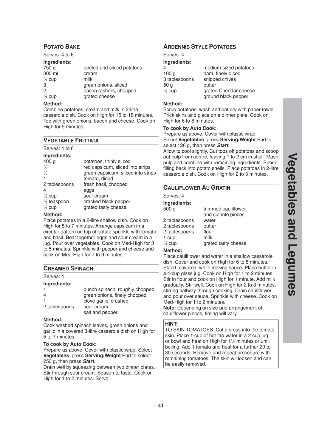 Panasonic NN-ST641W manual Vegetables and Legumes 