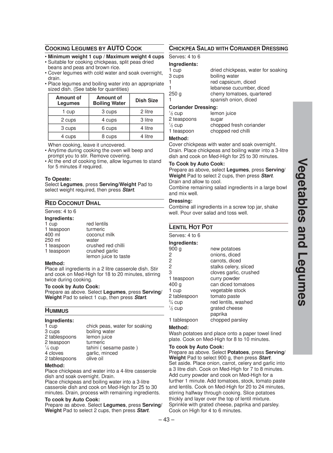Panasonic NN-ST641W manual Cooking Legumes by Auto Cook, RED Coconut Dhal, Hummus, Chickpea Salad with Coriander Dressing 