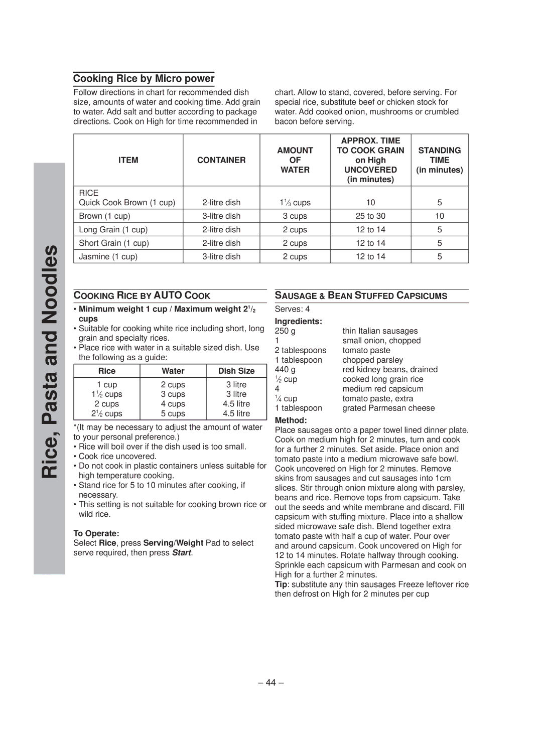 Panasonic NN-ST641W manual Noodles, Rice, Pasta, Cooking Rice by Micro power 