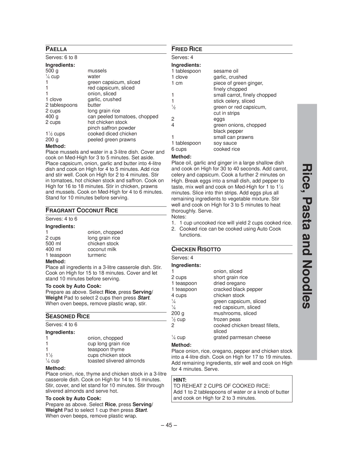 Panasonic NN-ST641W manual Rice, Pasta and Noodles 