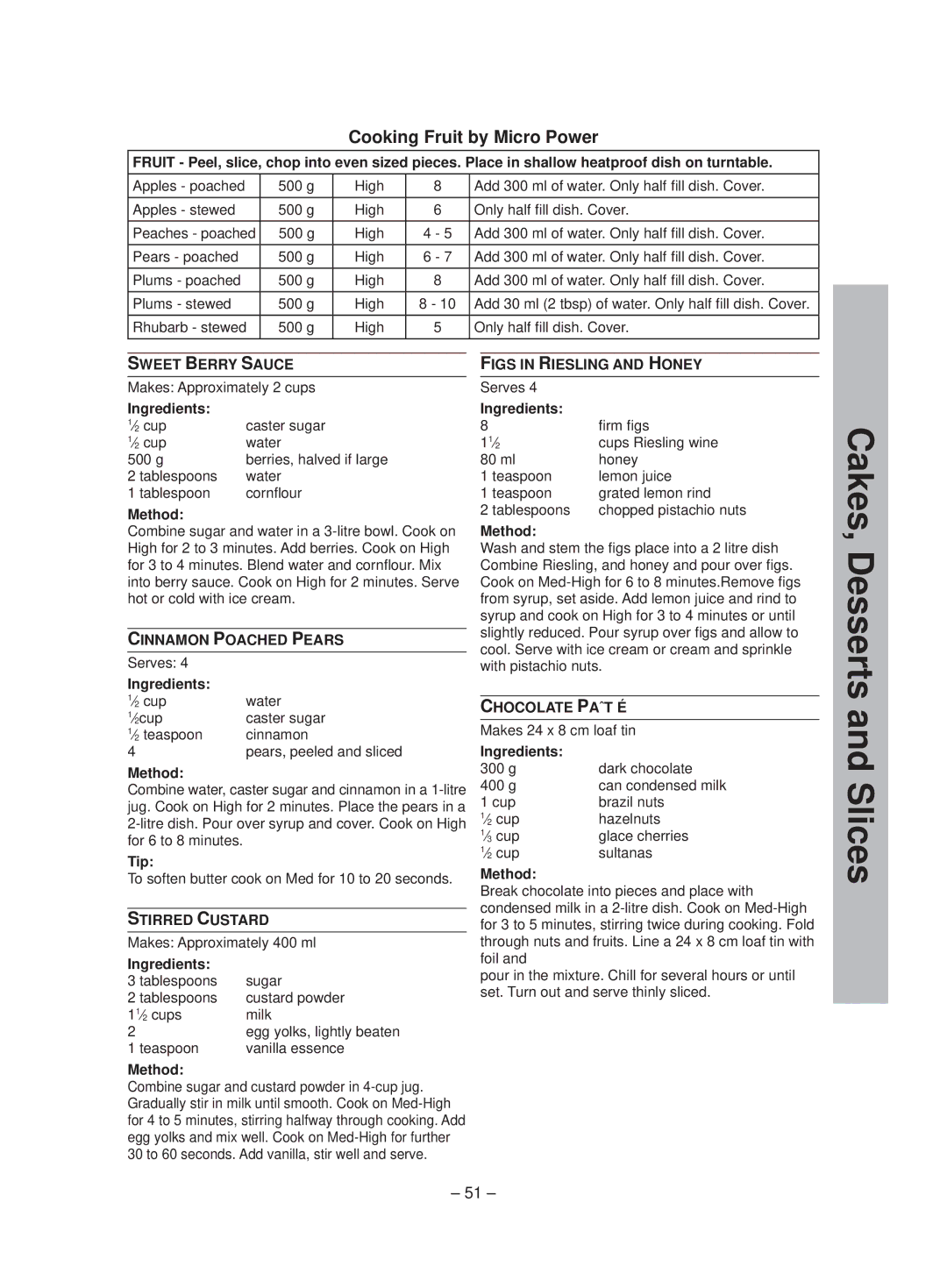 Panasonic NN-ST641W manual Cooking Fruit by Micro Power, Sweet Berry Sauce, Cinnamon Poached Pears, Stirred Custard 