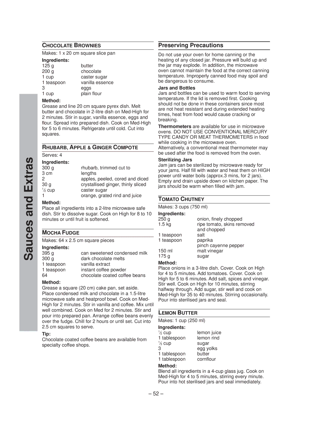 Panasonic NN-ST641W manual Sauces and Extras, Preserving Precautions 