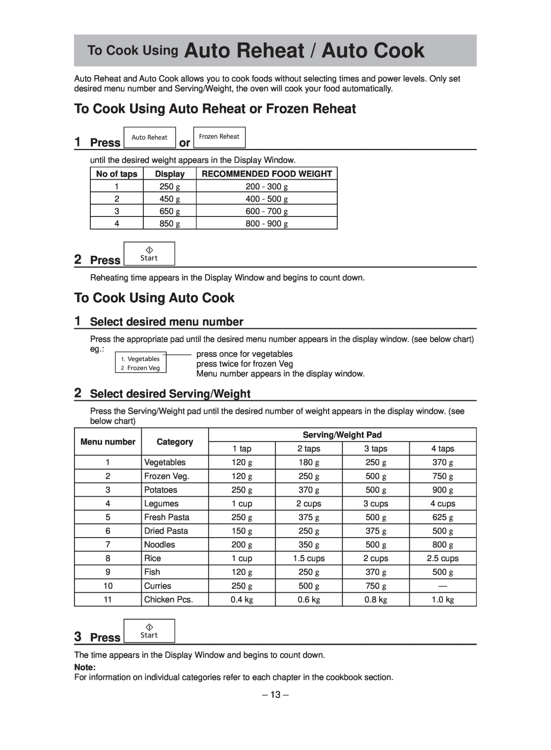 Panasonic NN-ST641W manual To Cook Using Auto Reheat / Auto Cook, To Cook Using Auto Reheat or Frozen Reheat, Press 