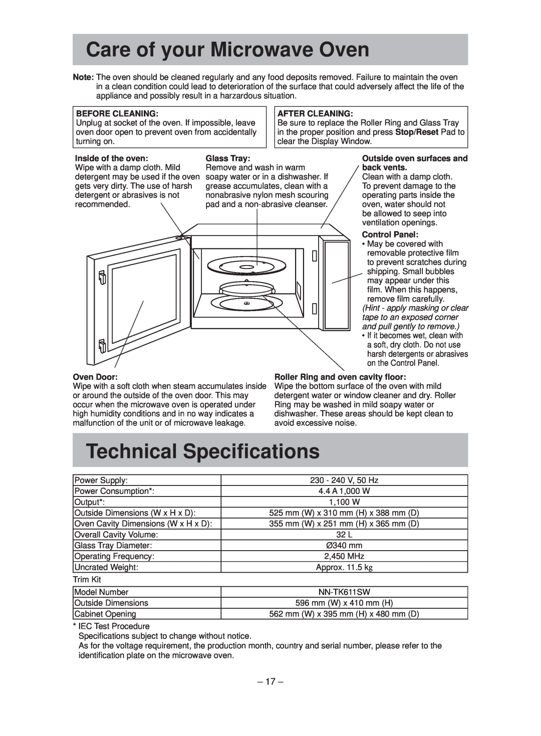 Panasonic NN-ST641W manual Care of your Microwave Oven, Technical Speciﬁcations, tape to an exposed corner 