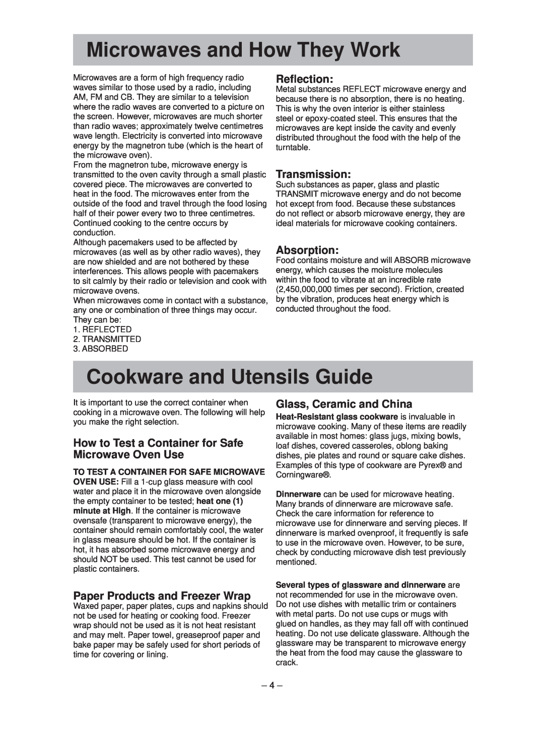 Panasonic NN-ST641W manual Microwaves and How They Work, Cookware and Utensils Guide, Reﬂection, Transmission, Absorption 