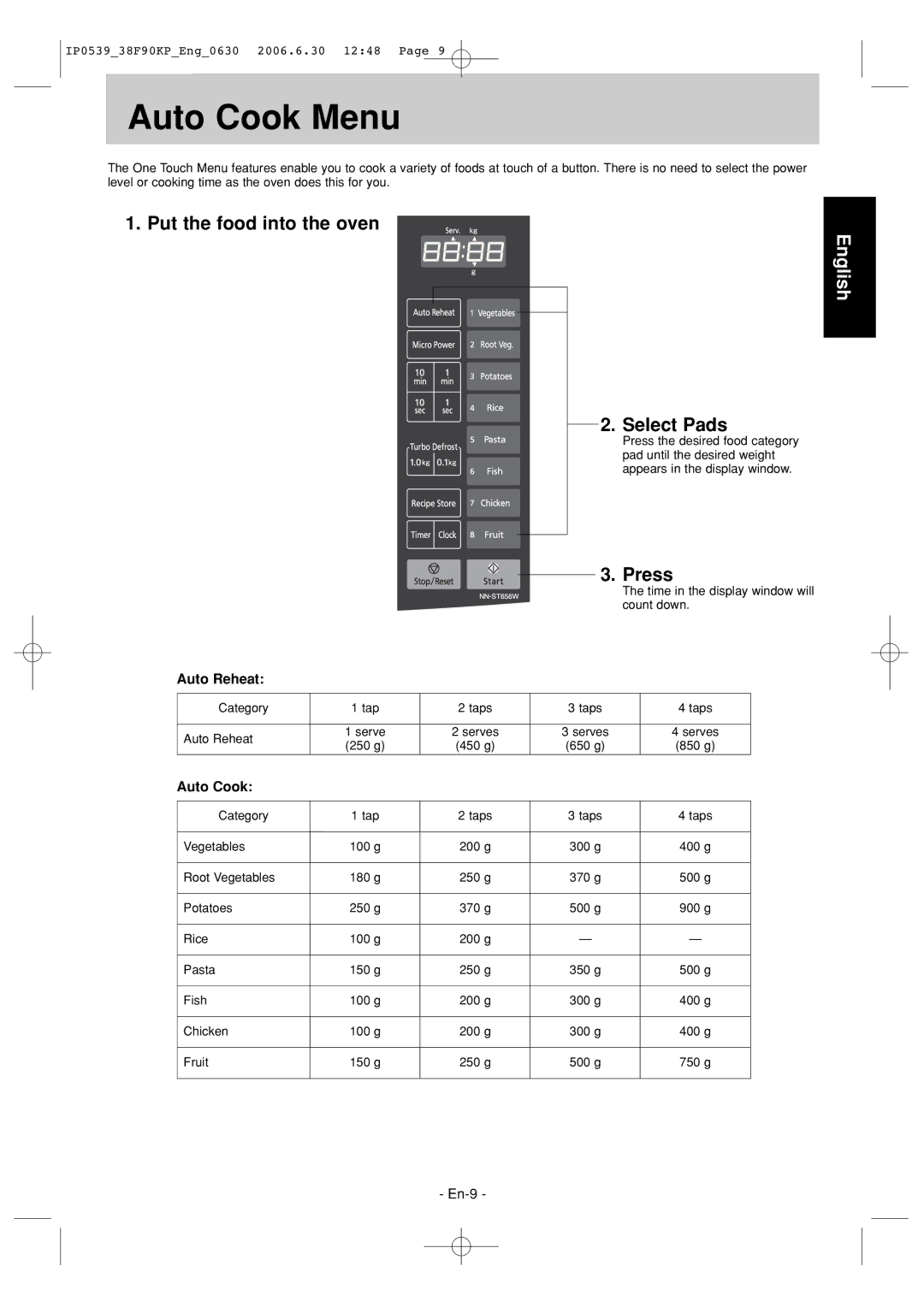 Panasonic NN-ST656W manual Auto Cook Menu, Select Pads, Auto Reheat 