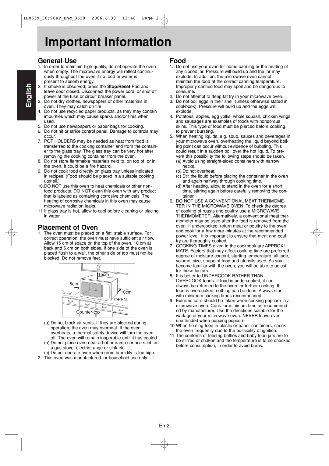 Panasonic NN-ST656W manual Important Information, General Use, Placement of Oven, Food 