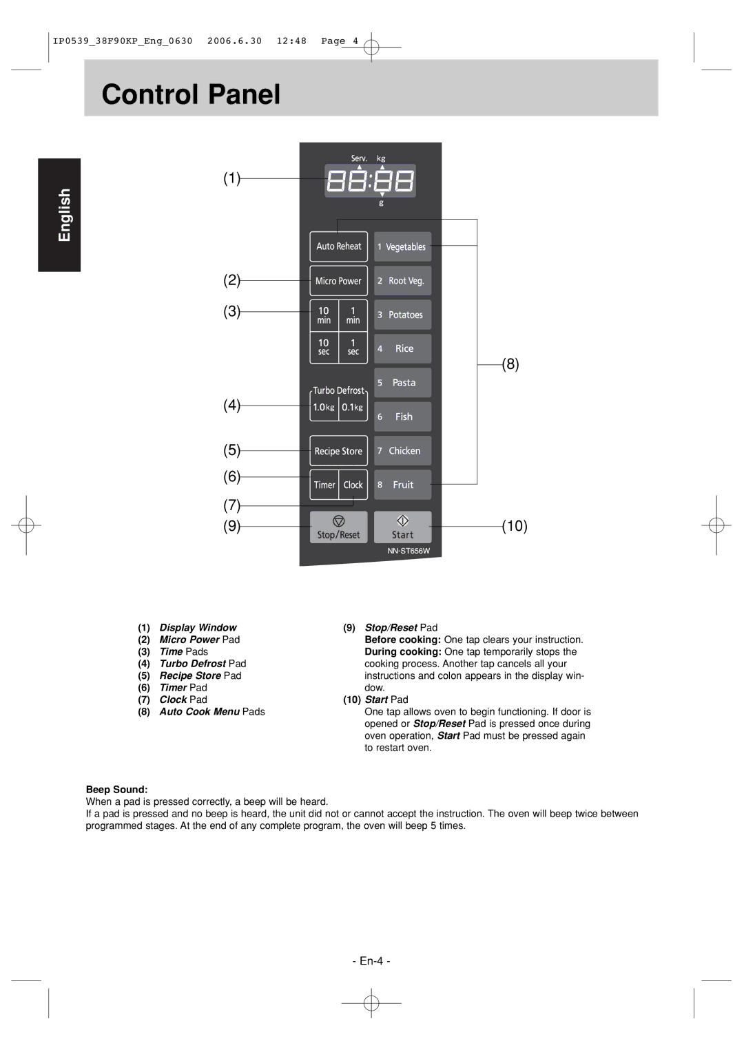 Panasonic NN-ST656W manual Control Panel, Beep Sound 