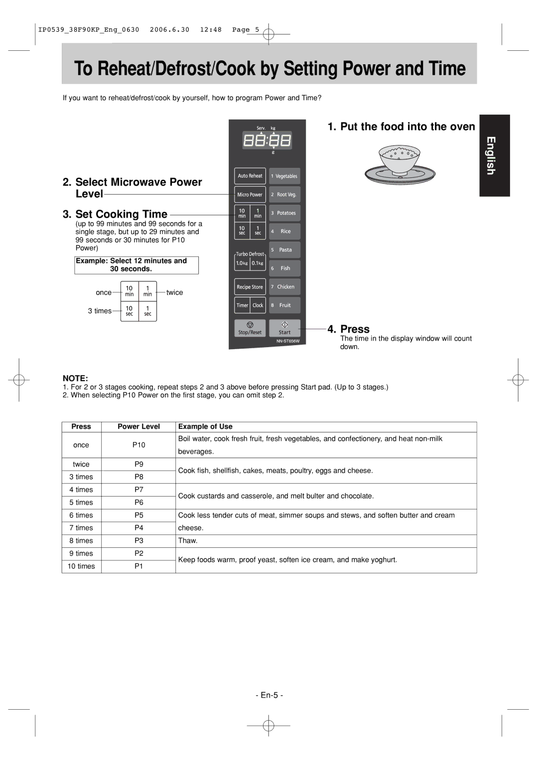 Panasonic NN-ST656W manual Put the food into the oven, Select Microwave Power Level Set Cooking Time, Press 