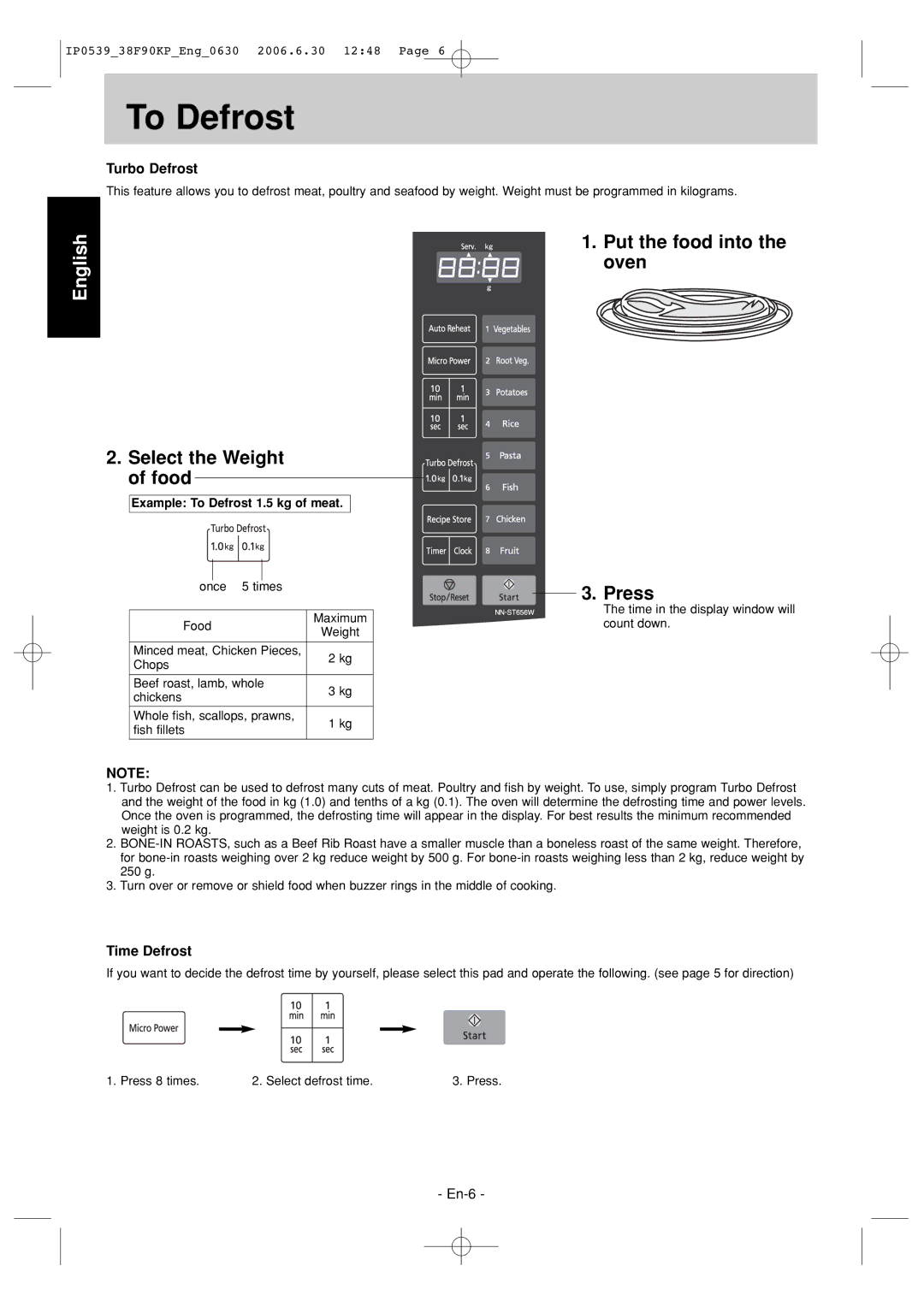 Panasonic NN-ST656W To Defrost, Select the Weight of food, Put the food into the oven Press, Turbo Defrost, Time Defrost 