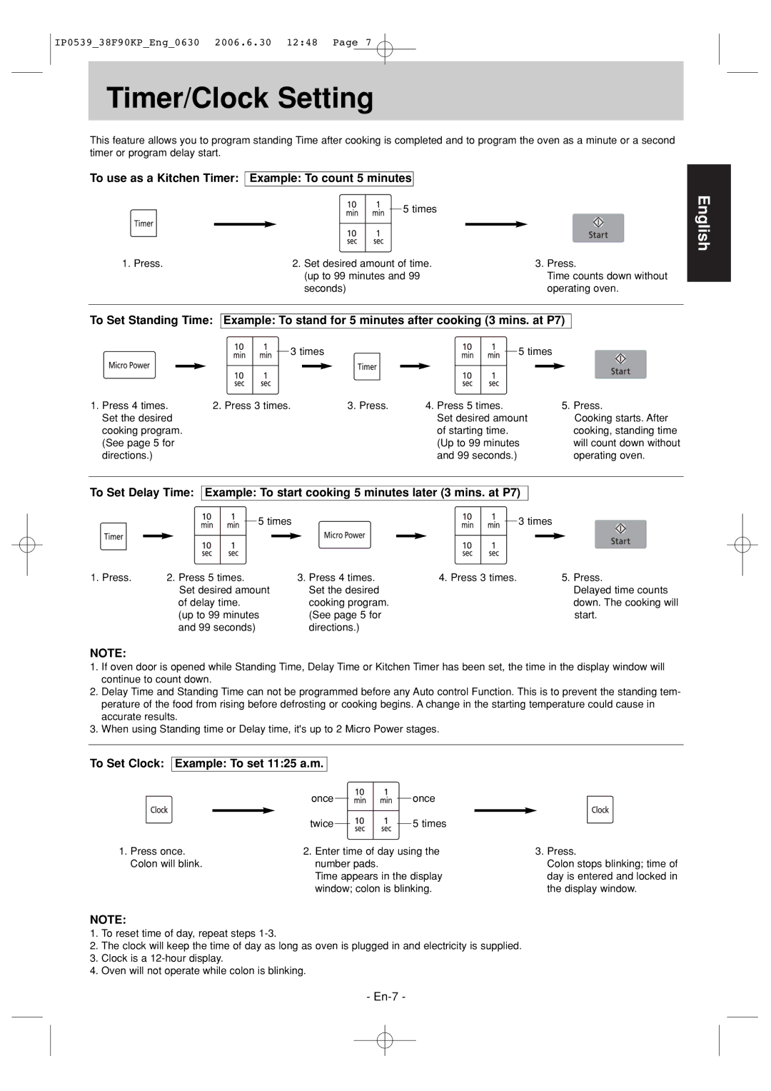 Panasonic NN-ST656W manual Timer/Clock Setting, To use as a Kitchen Timer Example To count 5 minutes 