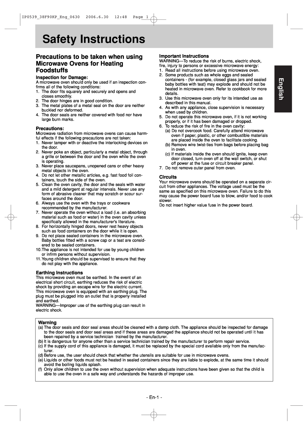 Panasonic NN-ST656W Safety Instructions, English, Inspection for Damage, Precautions, Important Instructions, Circuits 
