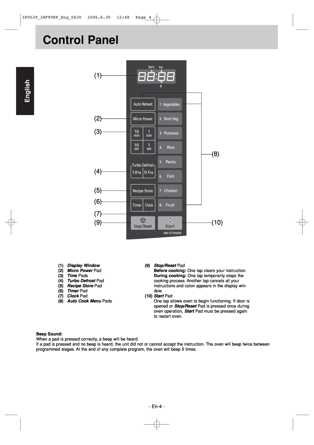 Panasonic NN-ST656W manual Control Panel, En-4, English, 2 3, Beep Sound 