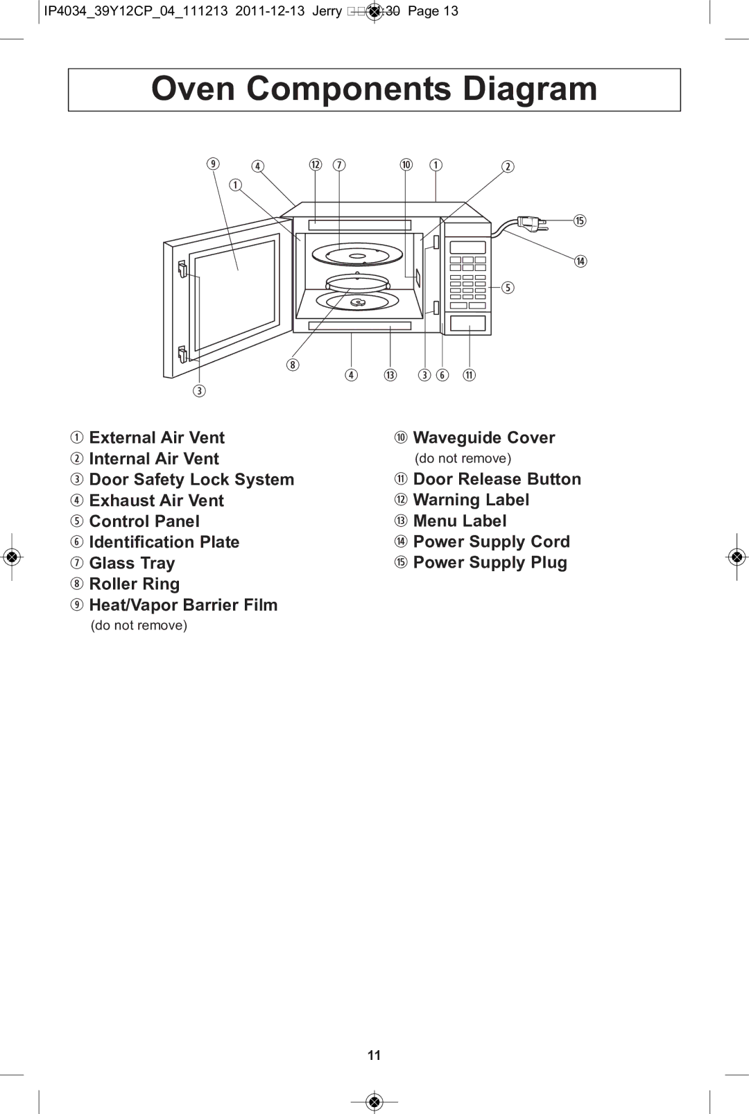 Panasonic NN-ST661S, NN-ST671S, NN-ST652W, NN-ST642W, NN-ST651W, NN-ST632W, NN-ST651B manual Oven Components Diagram 