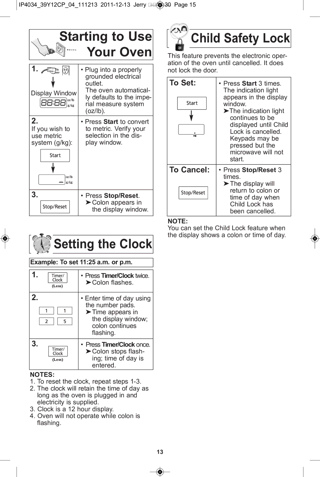 Panasonic NN-ST652W, NN-ST671S, NN-ST642W Starting to Use Your Oven, Setting the Clock, Child Safety Lock, Press Stop/Reset 