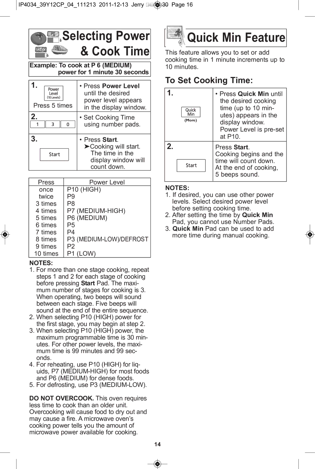 Panasonic NN-ST642W, NN-ST671S, NN-ST652W, NN-ST651W, NN-ST632W Quick Min Feature, To Set Cooking Time, Press Power Level 