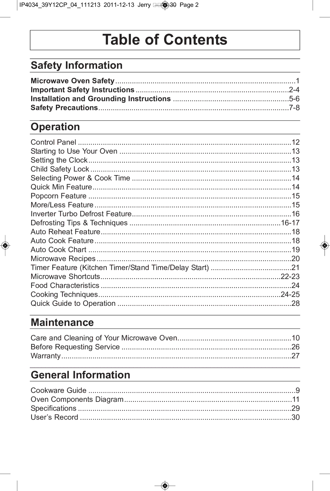 Panasonic NN-ST642W, NN-ST671S, NN-ST652W, NN-ST651W, NN-ST632W, NN-ST651B, NN-ST661S manual Table of Contents 