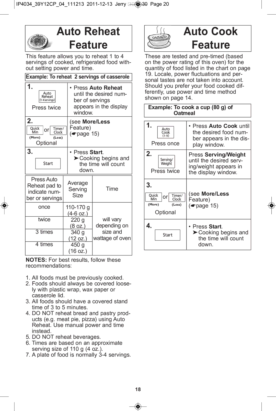 Panasonic NN-ST661S Auto Reheat Feature, Auto Cook Feature, Example To reheat 2 servings of casserole Press Auto Reheat 