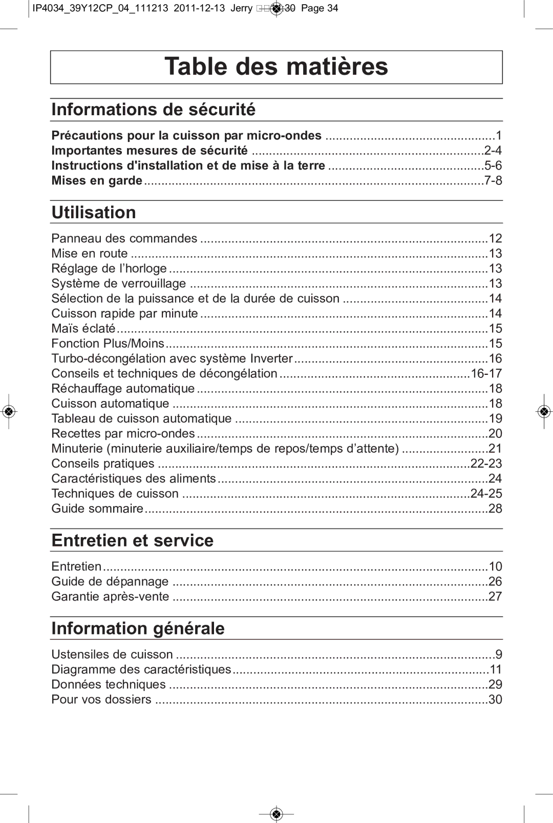 Panasonic NN-ST661S, NN-ST671S, NN-ST652W, NN-ST642W Table des matières, Instructions dinstallation et de mise à la terre 