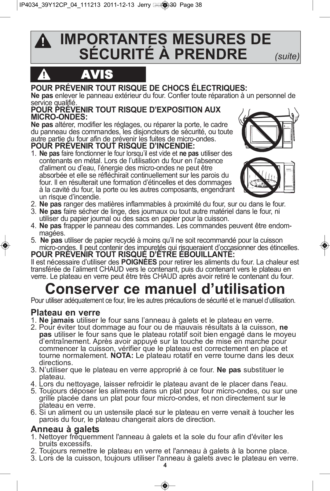 Panasonic NN-ST651W, NN-ST671S, NN-ST652W, NN-ST642W Conserver ce manuel d’utilisation, Plateau en verre, Anneau à galets 