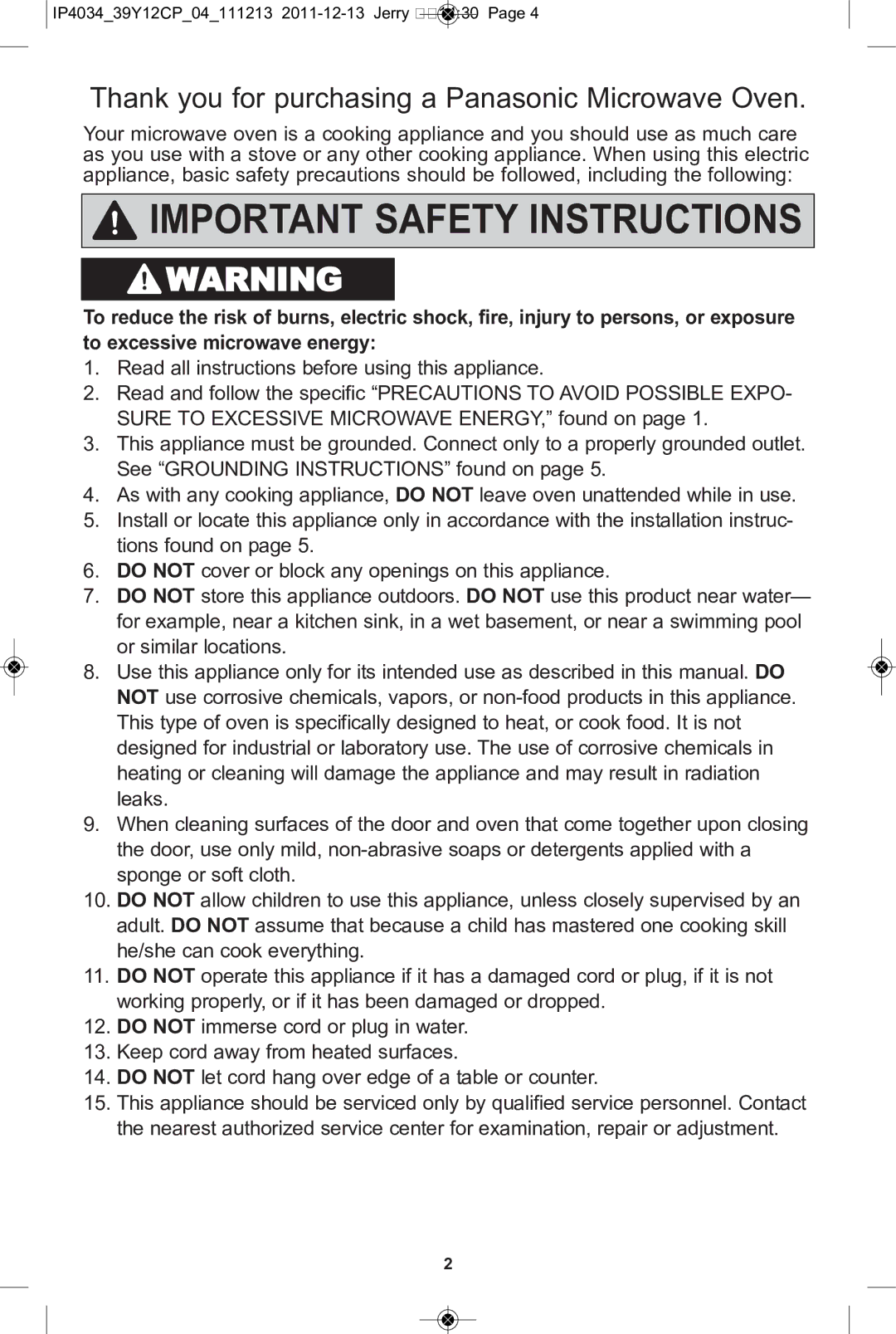 Panasonic NN-ST632W, NN-ST671S, NN-ST652W, NN-ST642W, NN-ST651W, NN-ST651B, NN-ST661S manual Important Safety Instructions 