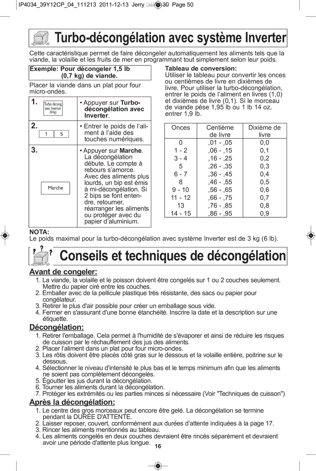 Panasonic NN-ST652W manual Exemple Pour décongeler 1,5 lb 0,7 kg de viande, Appuyer sur Turbo, Décongélation avec, Inverter 