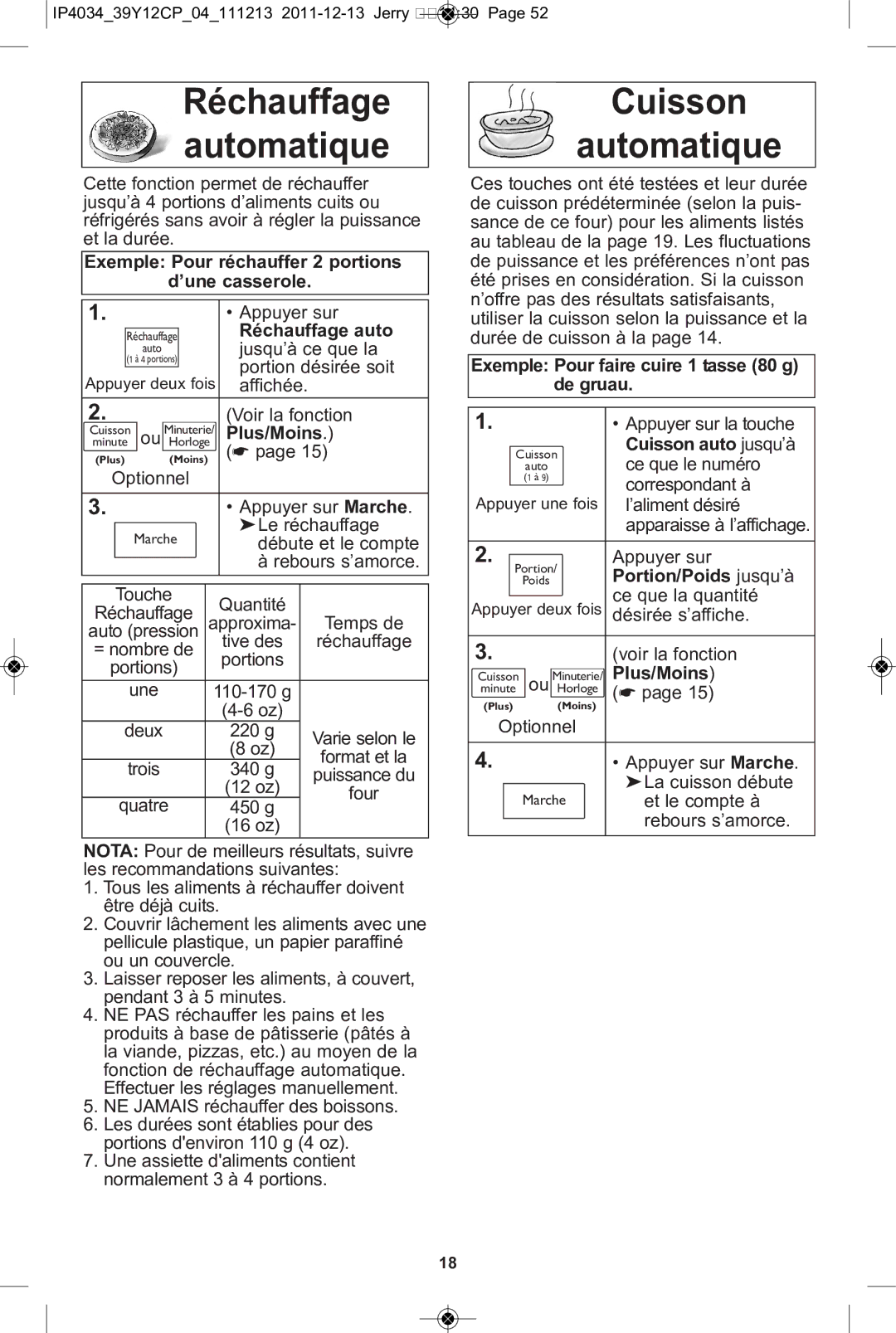 Panasonic NN-ST651W, NN-ST671S, NN-ST652W, NN-ST642W, NN-ST632W, NN-ST651B, NN-ST661S manual Cuisson Automatique 