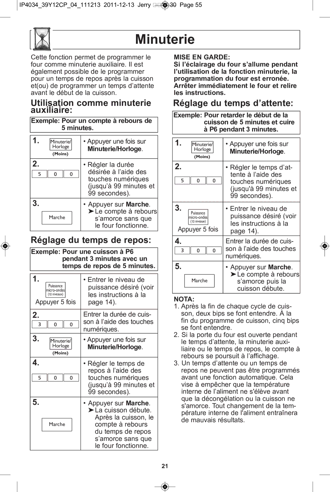 Panasonic NN-ST661S, NN-ST671S Minuterie, Utilisation comme minuterie auxiliaire, Réglage du temps de repos, Mise EN Garde 