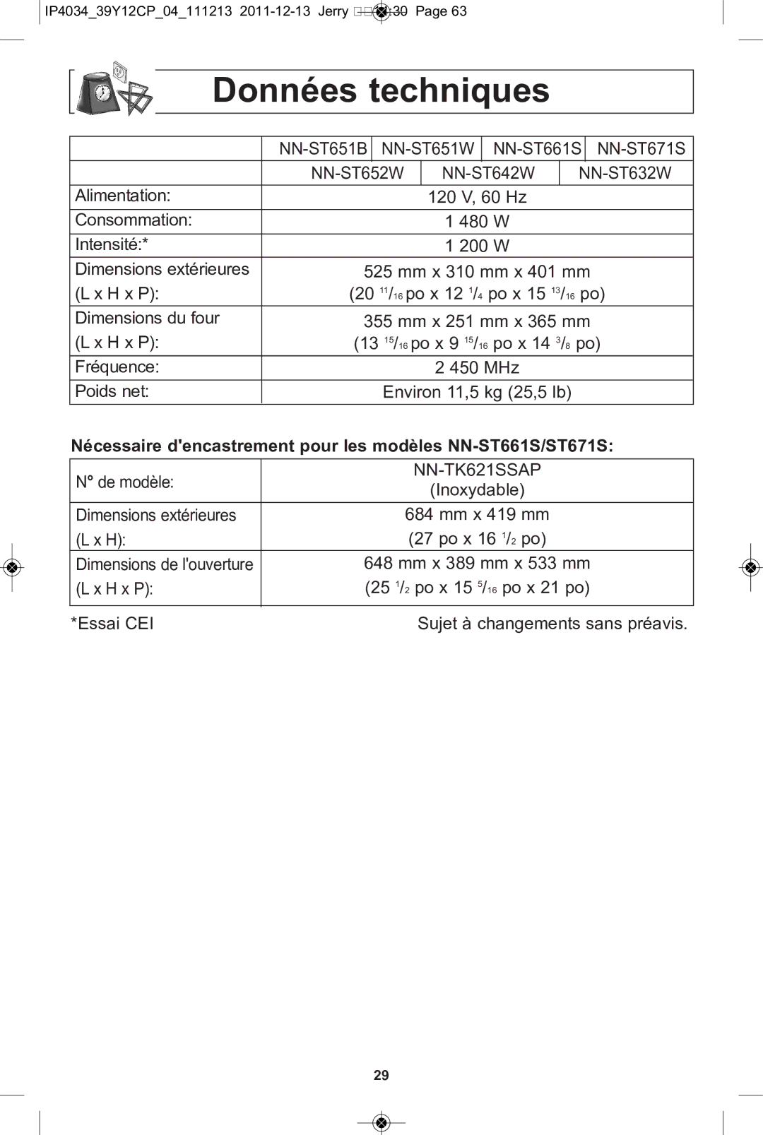 Panasonic NN-ST671S, NN-ST652W, NN-ST642W Données techniques, Nécessaire dencastrement pour les modèles NN-ST661S/ST671S 