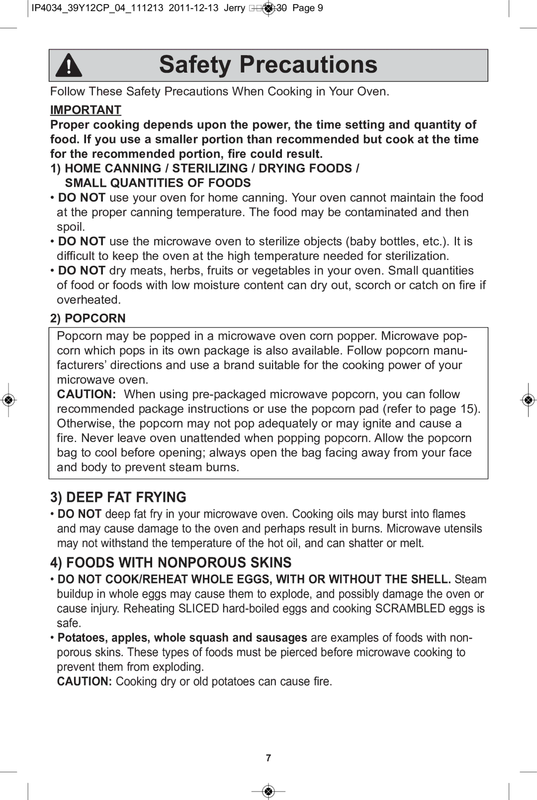 Panasonic NN-ST642W, NN-ST671S, NN-ST652W, NN-ST651W manual Safety Precautions, Deep FAT Frying, Foods with Nonporous Skins 