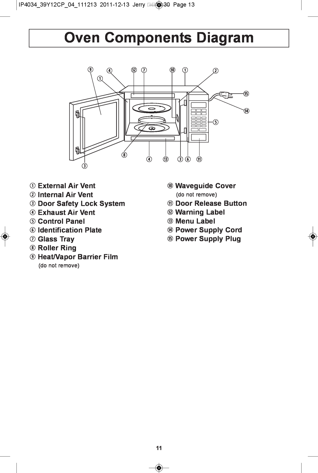 Panasonic NN-ST661S, NN-ST671S, NN-ST652W, NN-ST642W, NN-ST651W, NN-ST632W, NN-ST651B manual Oven Components Diagram 