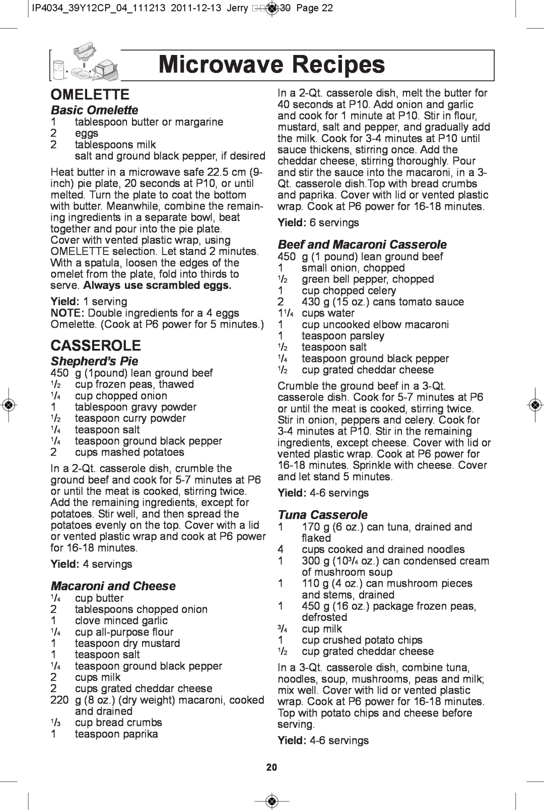 Panasonic NN-ST652W manual Microwave Recipes, Basic Omelette, Shepherd’s Pie, Macaroni and Cheese, Tuna Casserole 
