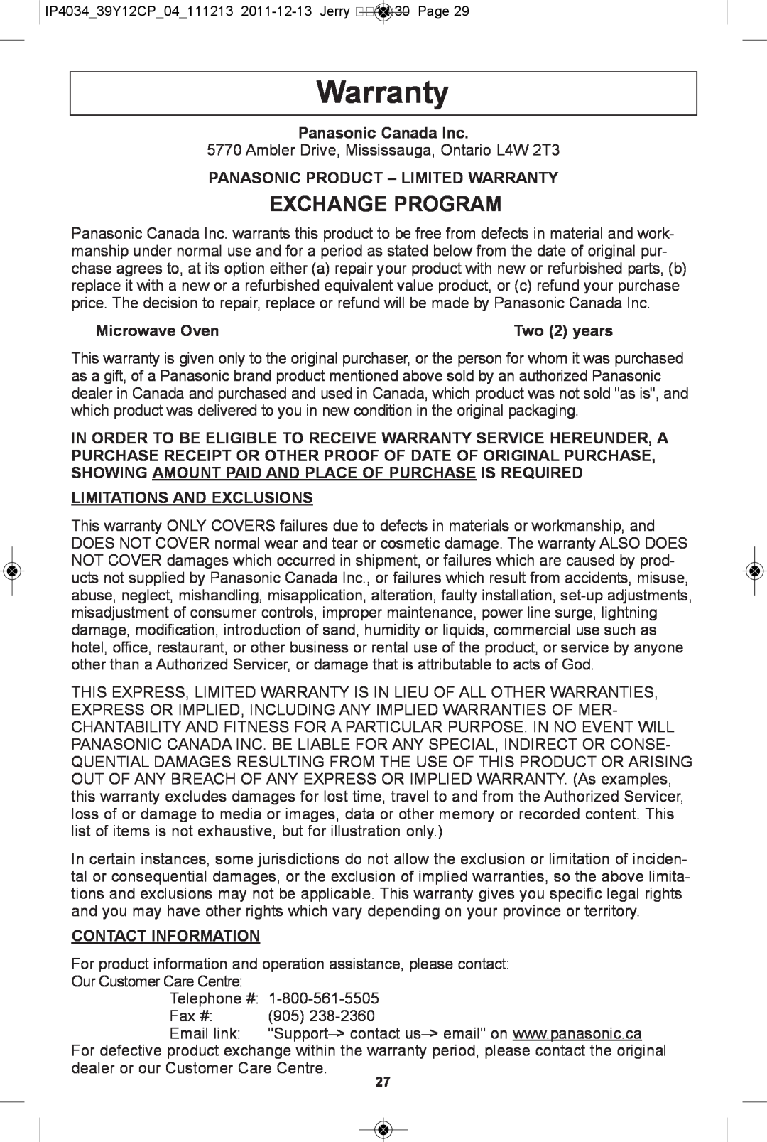 Panasonic NN-ST652W manual Exchange Program, Panasonic Canada Inc, Panasonic Product - Limited Warranty, Microwave Oven 