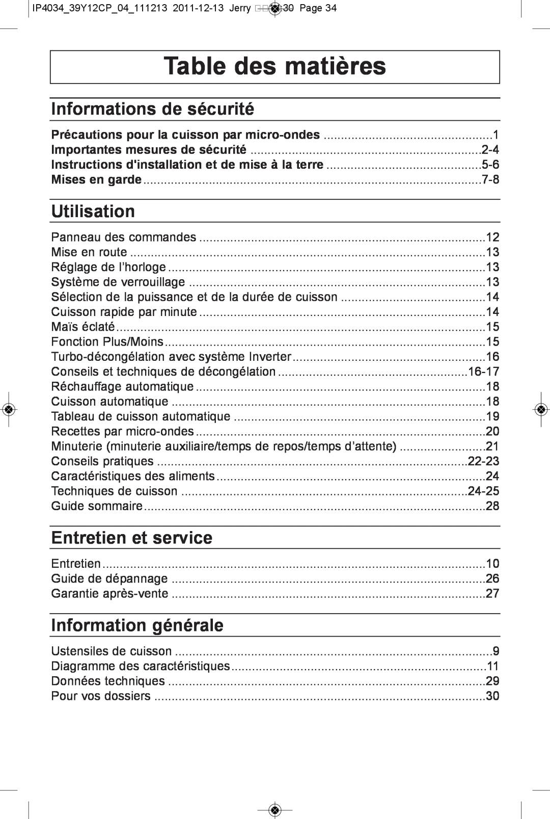 Panasonic NN-ST661S Table des matières, Informations de sécurité, Utilisation, Entretien et service, Information générale 