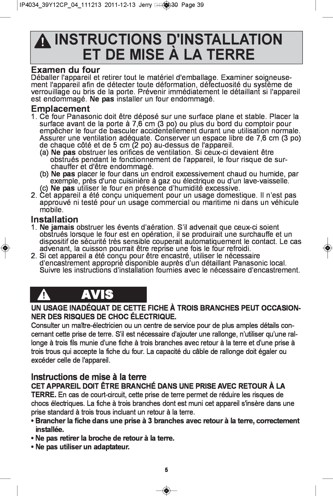 Panasonic NN-ST632W INSTRUCTIONS DINSTALLATION ET DE MISE à LA TERRE, Examen du four, Emplacement, aViS, Installation 