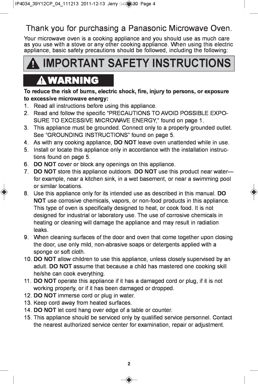 Panasonic NN-ST632W, NN-ST671S manual Important Safety Instructions, Thank you for purchasing a Panasonic Microwave Oven 
