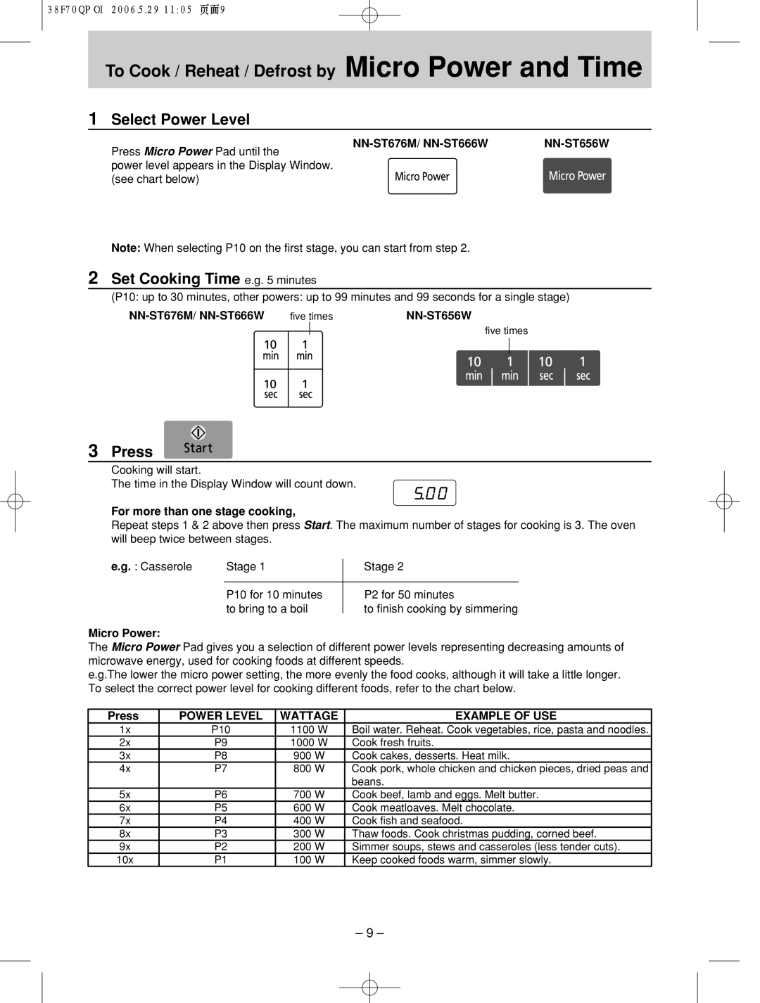 Panasonic NN-ST656W, NN-ST676M manual Set Cooking Time e.g minutes, To!Cook!!!!/ Reheat! ! / Defrost by Micro Power and Time 